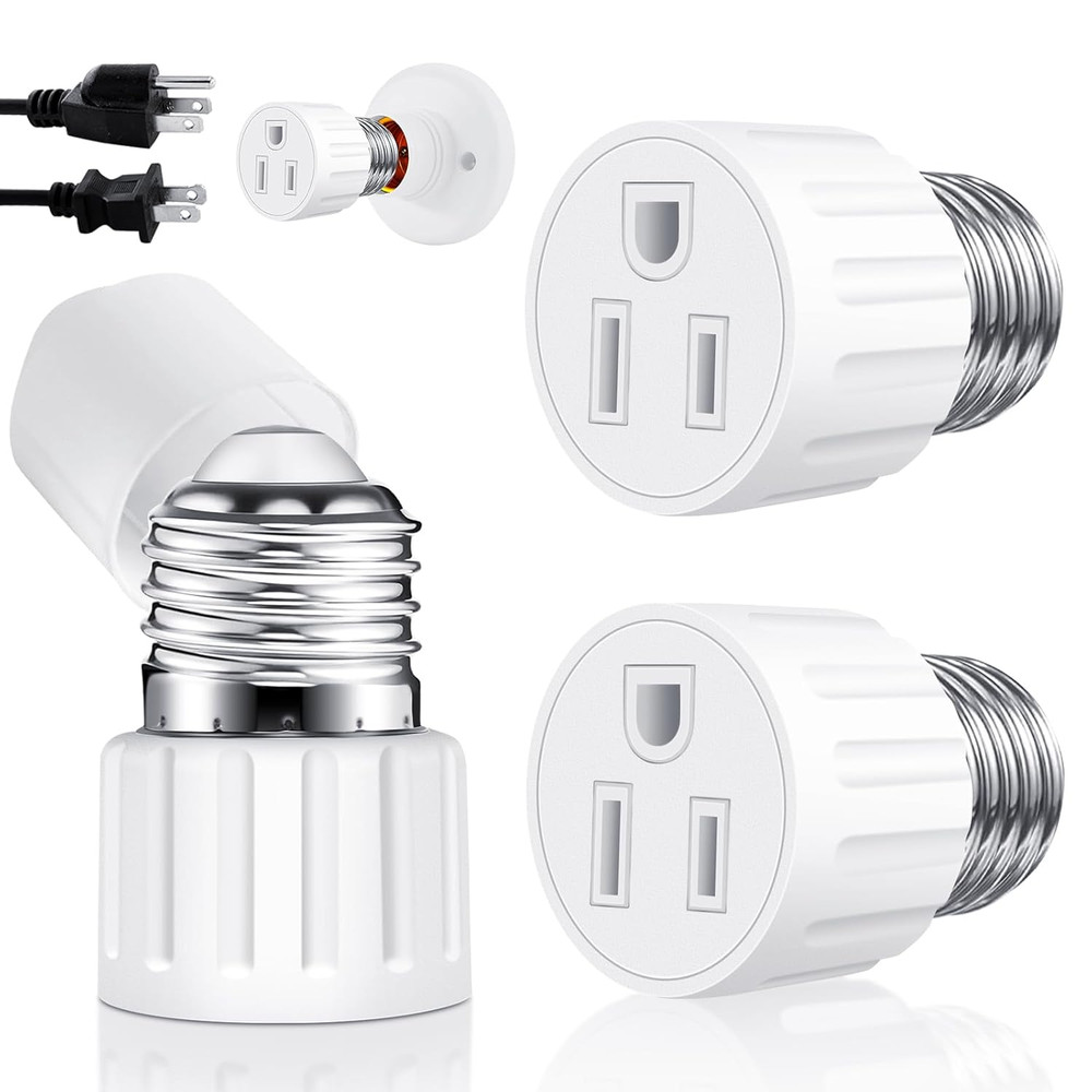 (2 Packs) 3 Prong Light Socket to Plug Adapter, E26 E27 Light Socket Outlet Adap