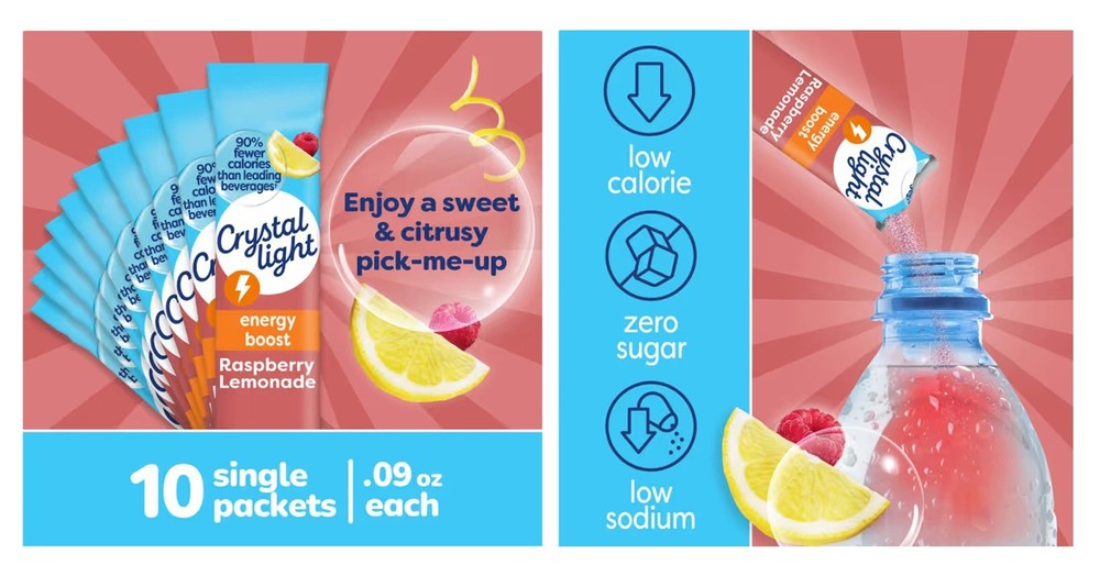 4 10-Packet Boxes Crystal Light Energy Boost Raspberry Lemonade Drink Mix
