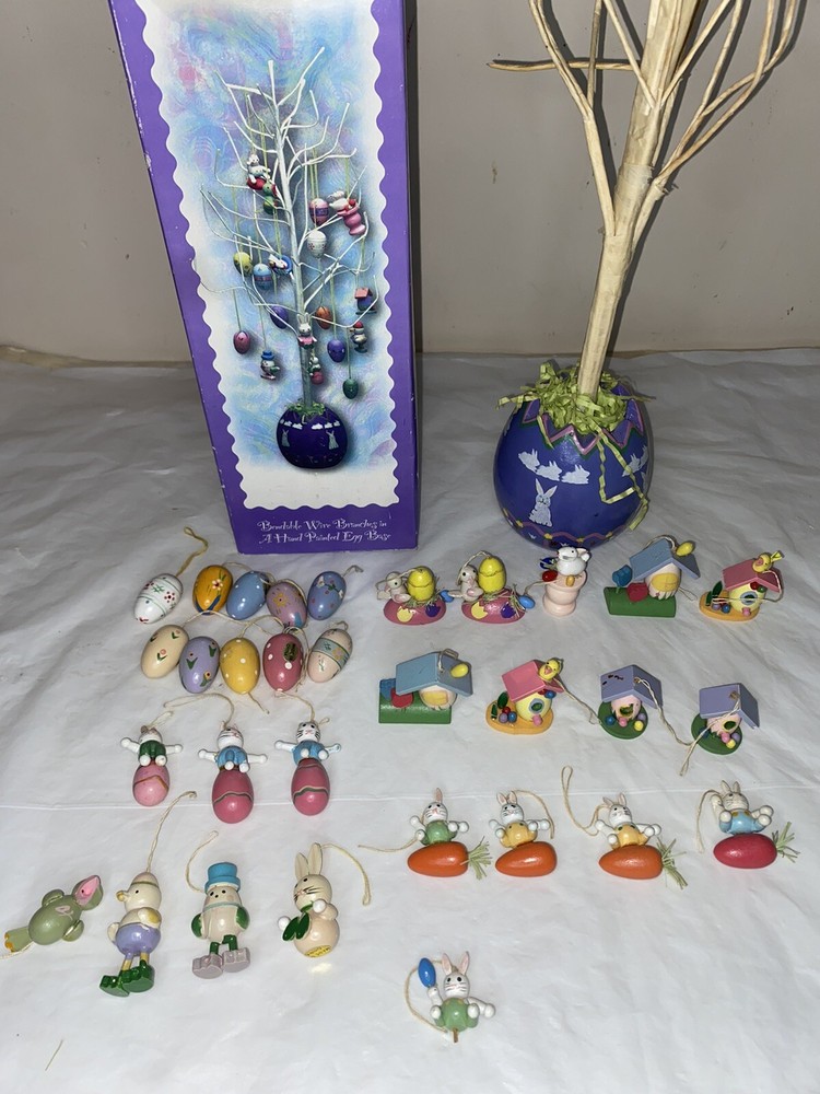 18" Easter Tree Wooden Ornaments Eggs Bunny Hand Painted