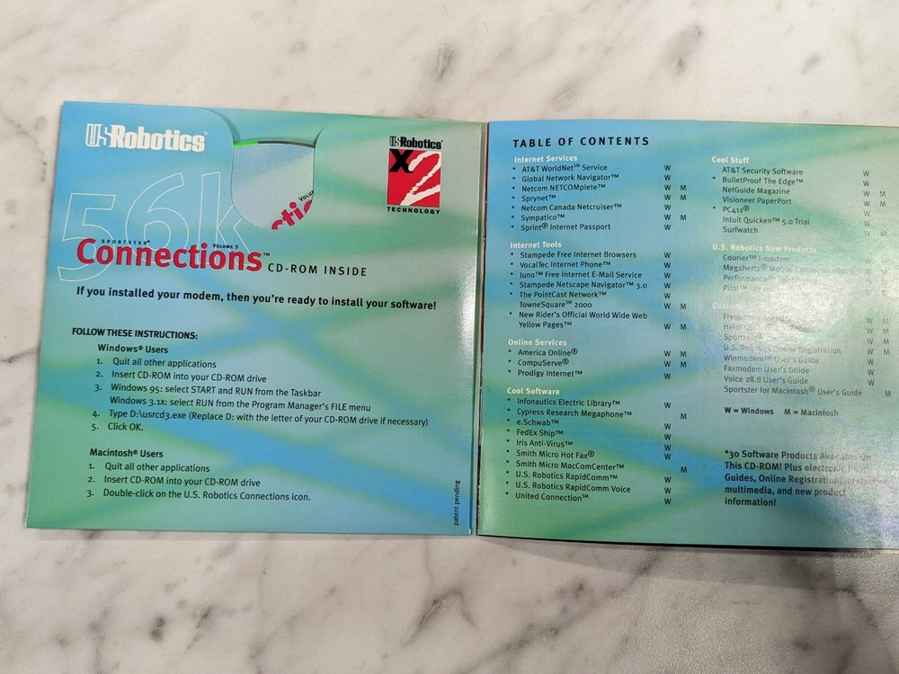 USRobotics Sportster Modem Installation CD Software Windows 95 X2 56k Connection