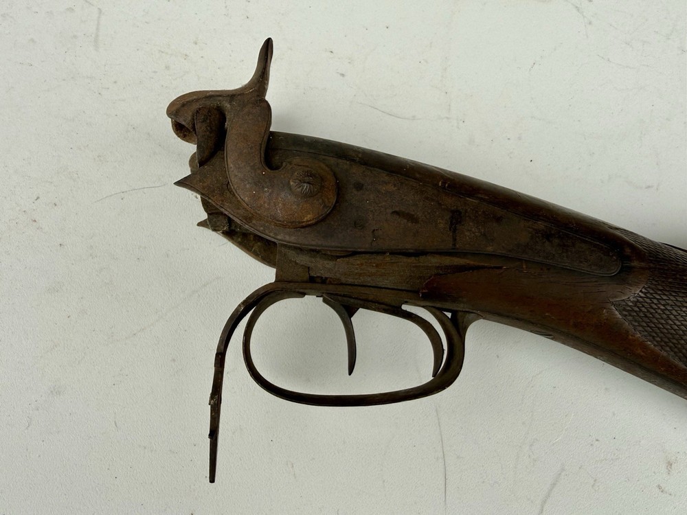 19thC Percussion Cap Muzzle Loading Double Barrel Carved Stock & Trigger PARTS