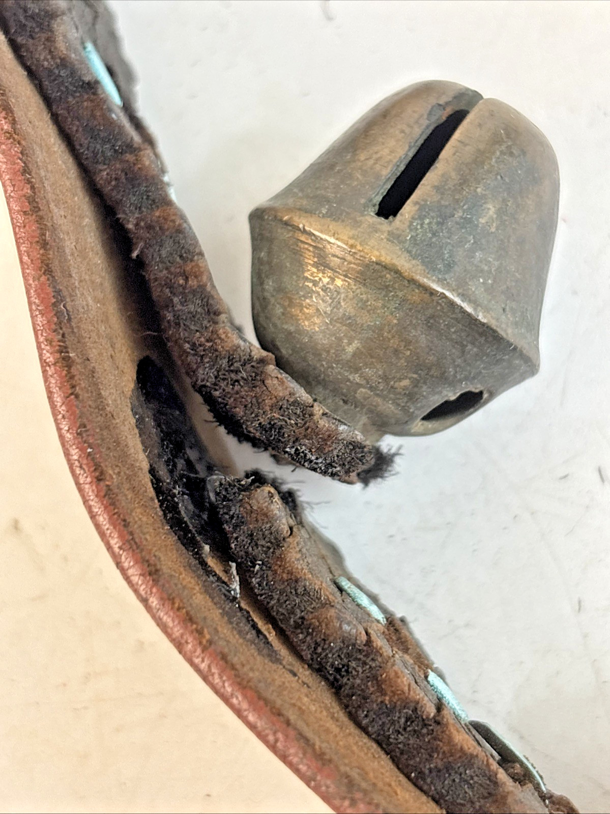 Antique 11 Brass Acorn Sleigh Bells on 41" Leather Strap w/ Copper Rivets VIDEO