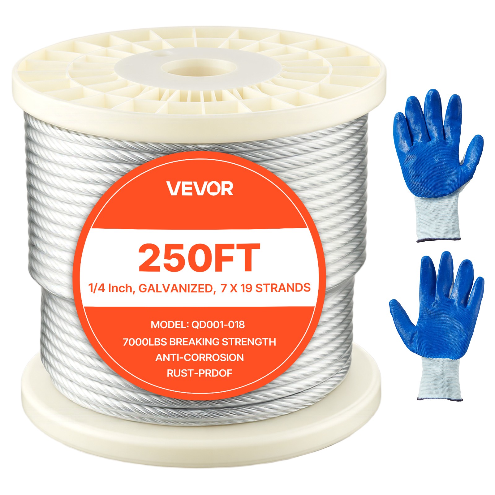 VEVOR Galvanized Carbon Steel Cable 1/4 in 7 x 19 Wire Rope 250 ft Cable Railing