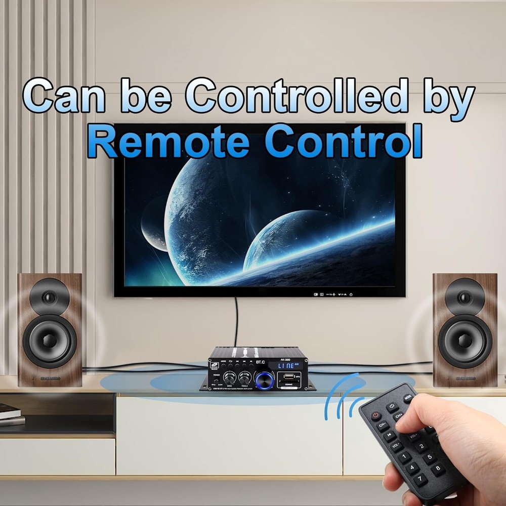 Compact Bluetooth Amplifier with Remote Control - Supports Bluetooth/USB/AUX/RCA