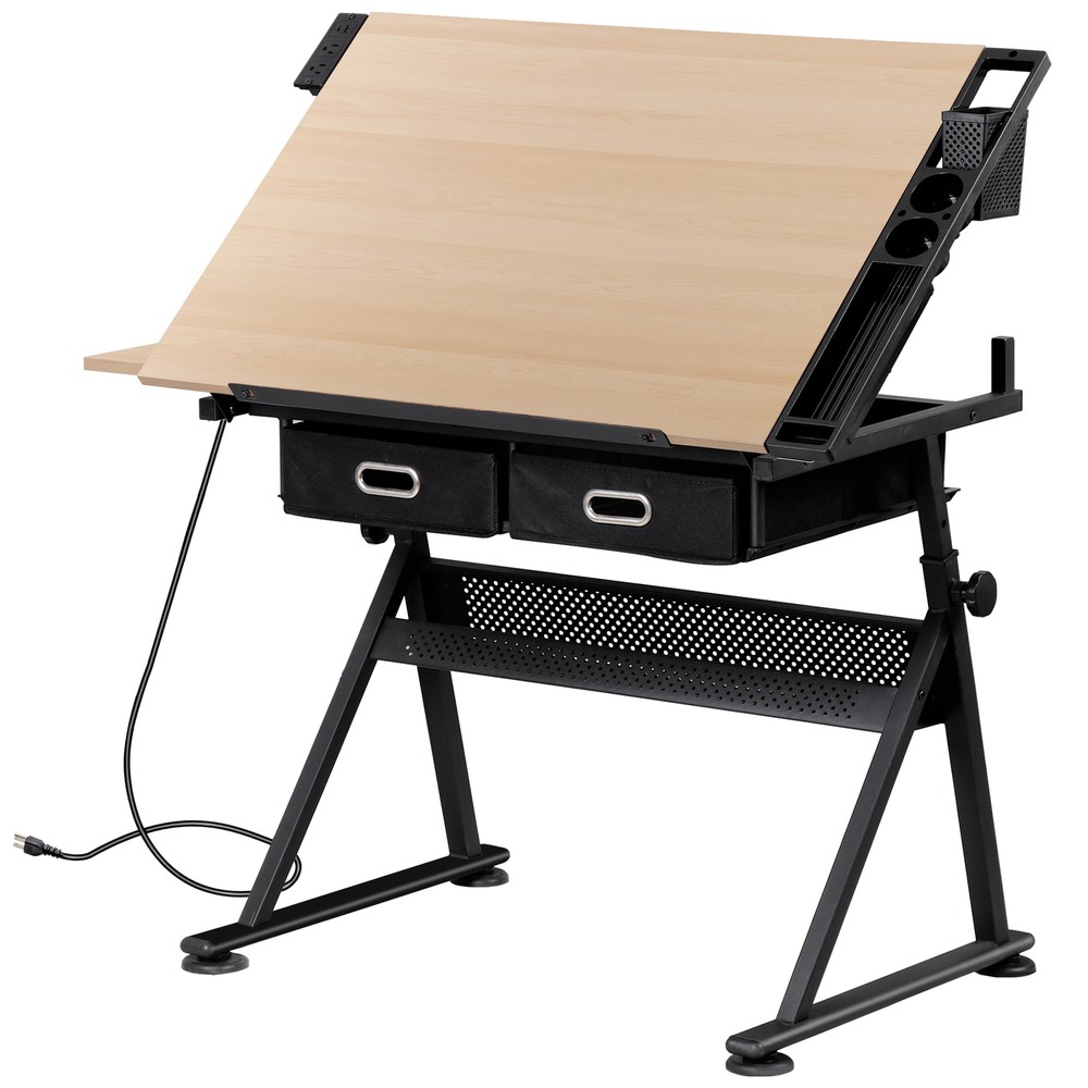 Drafting Table and Stool Set with Tilted Tabletop and Adjustable Height Natural