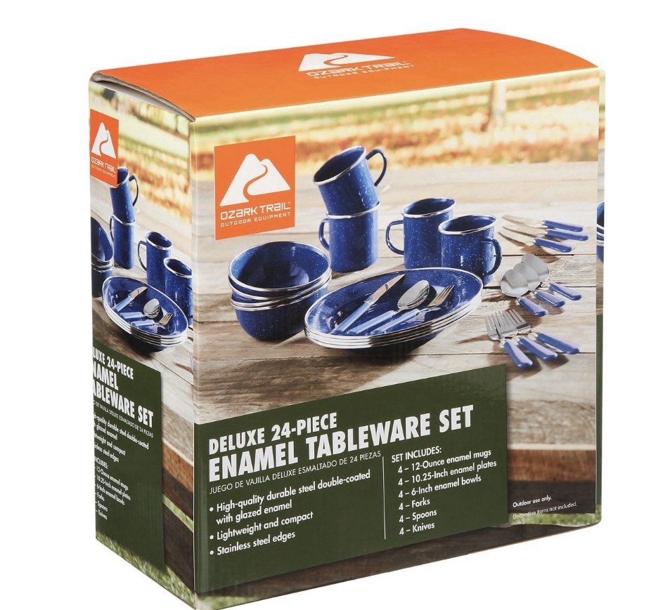 24 Piece Dinnerware Enamel Set Blue Camp Ready Ozark Trail New
