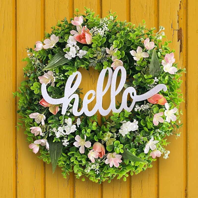 Artificial Home Hello Wreath for Front Door or Porch, Multicolor Flower
