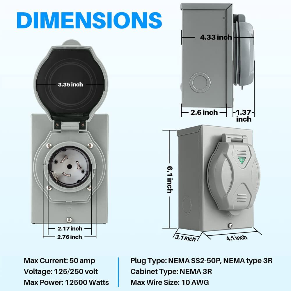 50 Amp 25FT Generator Power Cord and Waterproof Power Inlet Box 14-50P to CS6364