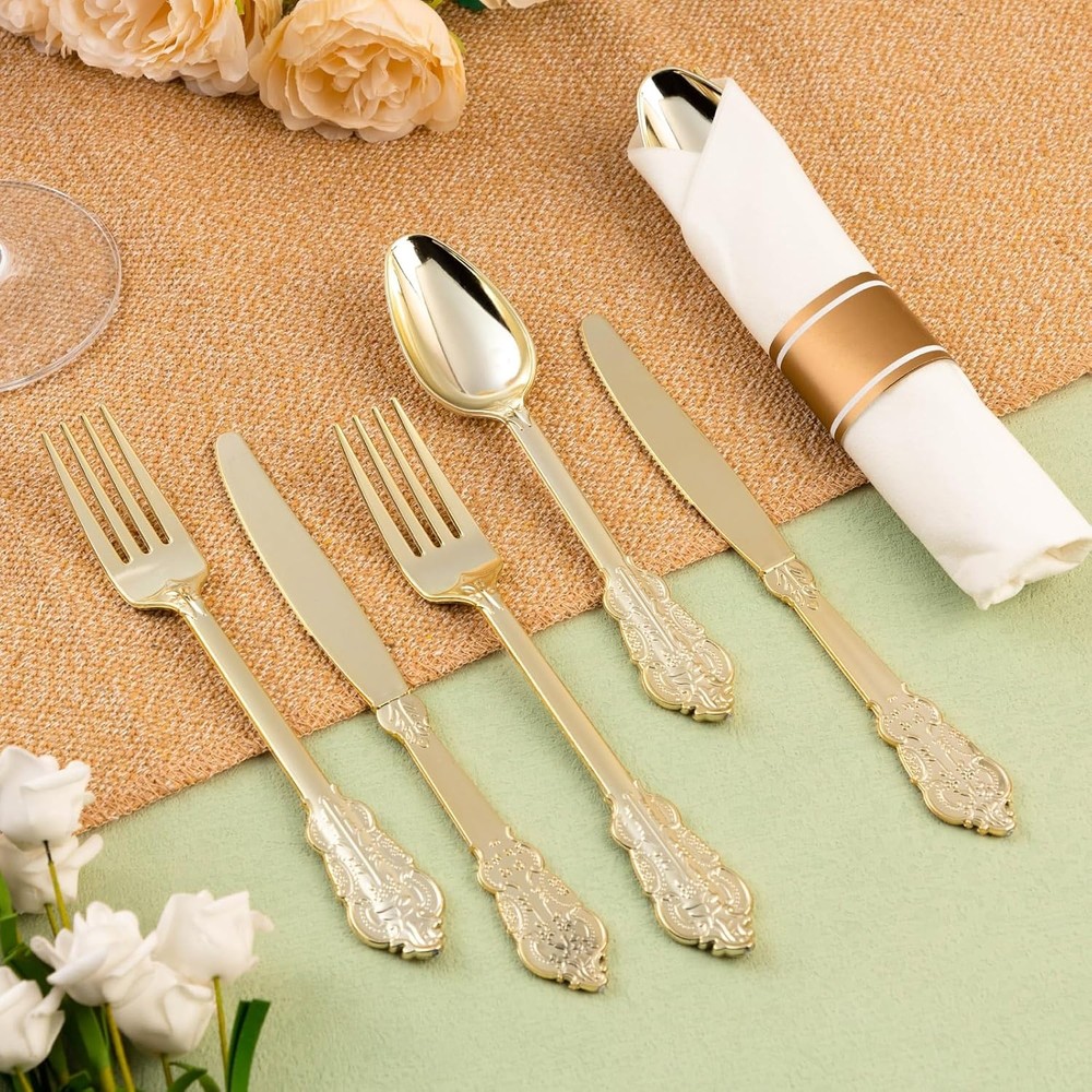 100-piece gold plastic tableware set