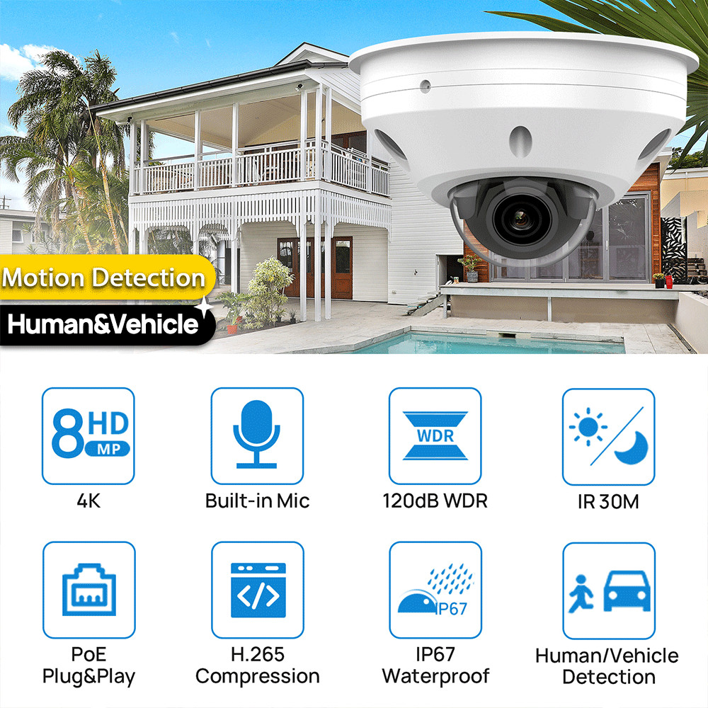 6PACK VIKYLIN 8MP 4K IR Dome Security Camera Smart Motion Detection Courtyard US