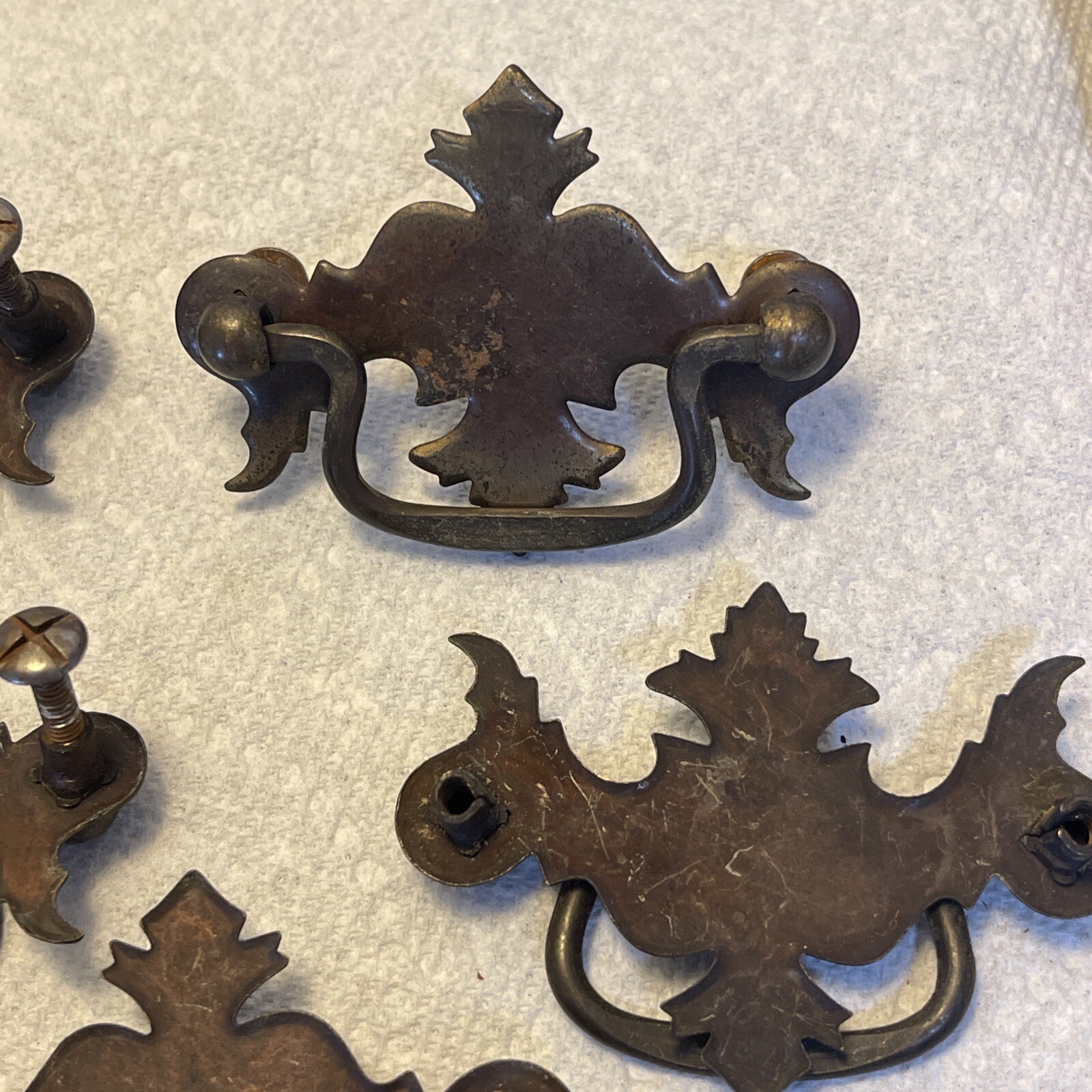 9 Colonial Chippendale Style Drop Pull Drawer Handles Brass Patina Vintage