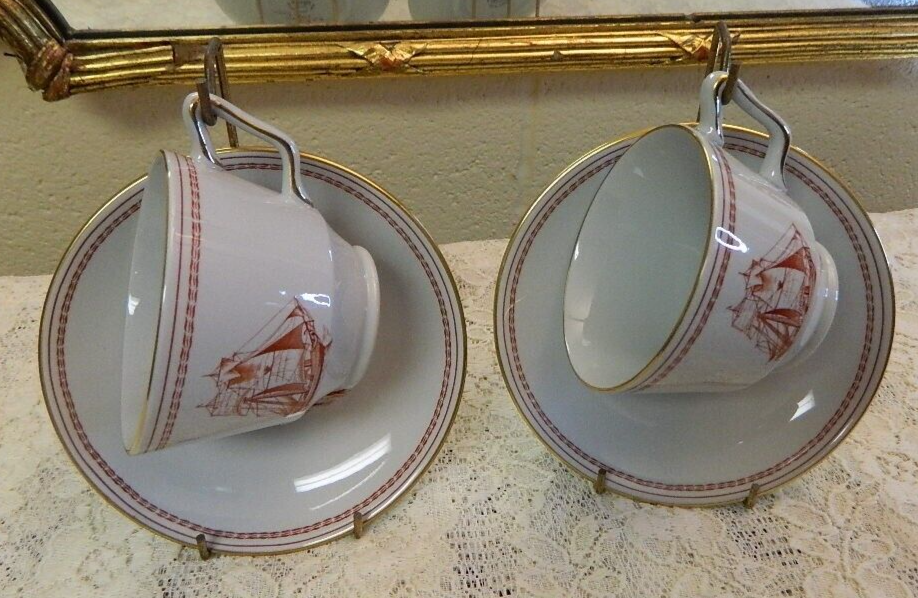 Spode Trade Winds Red Sailing Ship Footed Cup & Saucer 4 Pc. Set