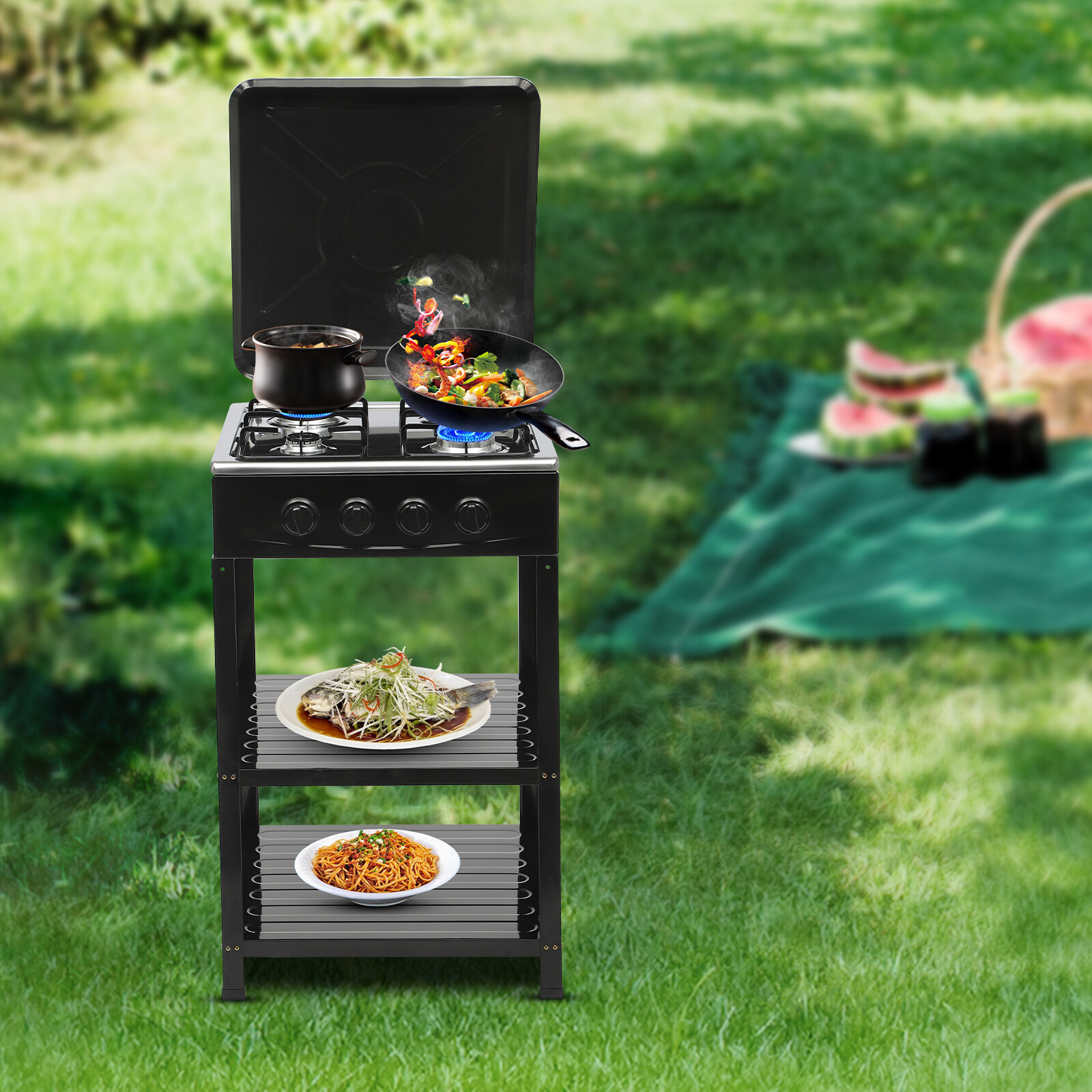 Outdoor 300000 BTU Stove Propane 4 Burner Portable Cooker BBQ Grill Windshelter