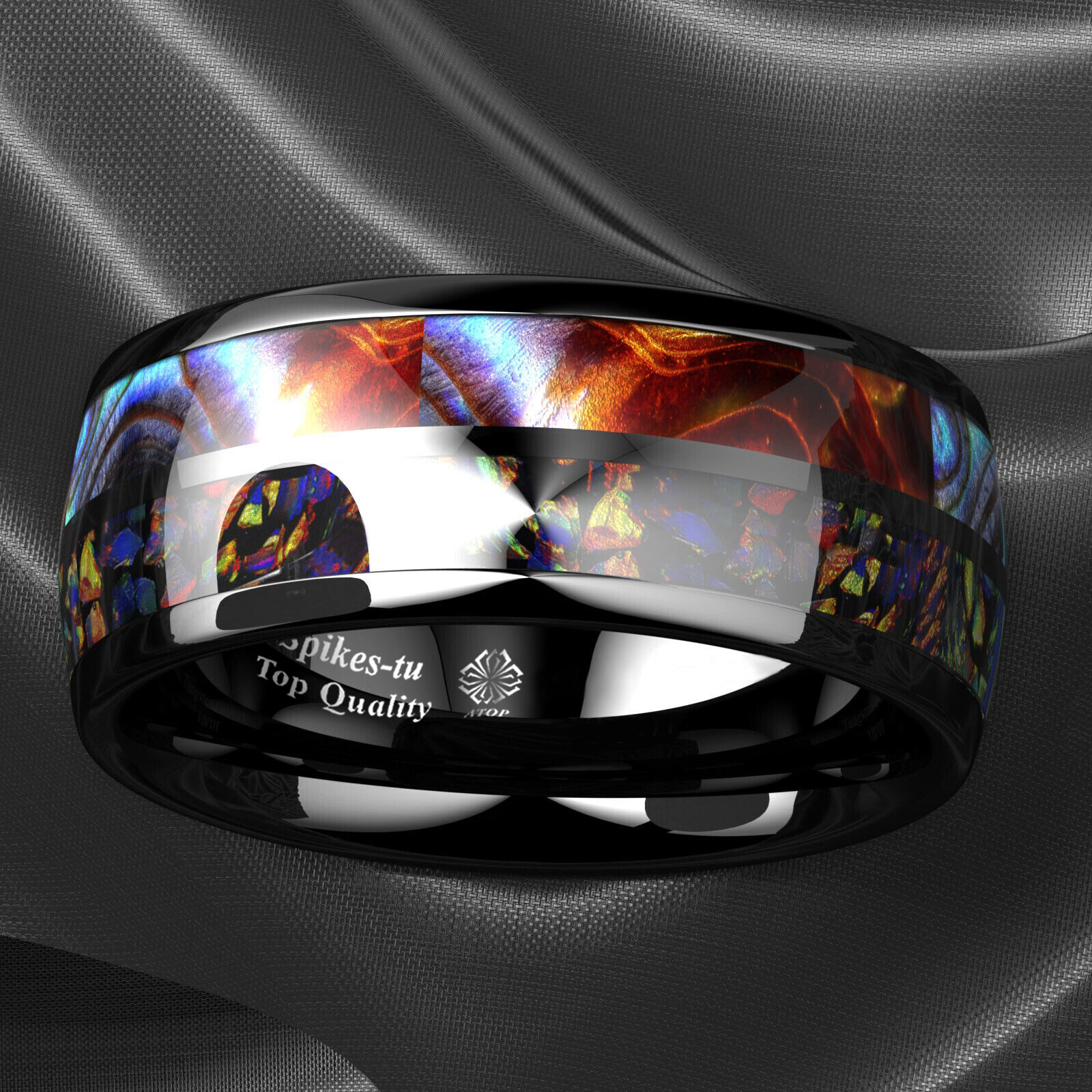 8/6mm Black Tungsten Ring Hawaiian Opal and Abalone Inlay Men ATOP Wedding Band