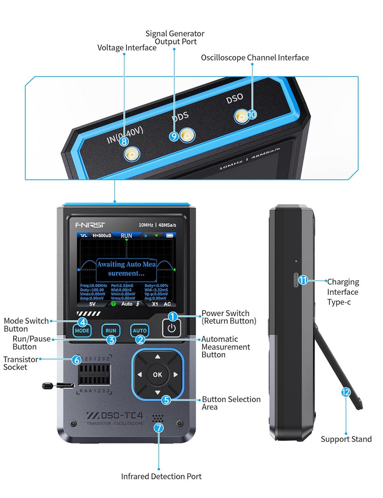 DSO-TC4 Handheld Oscilloscope, 10Mhz Bandwidth 48Msa/S Sampling Rate Transistor