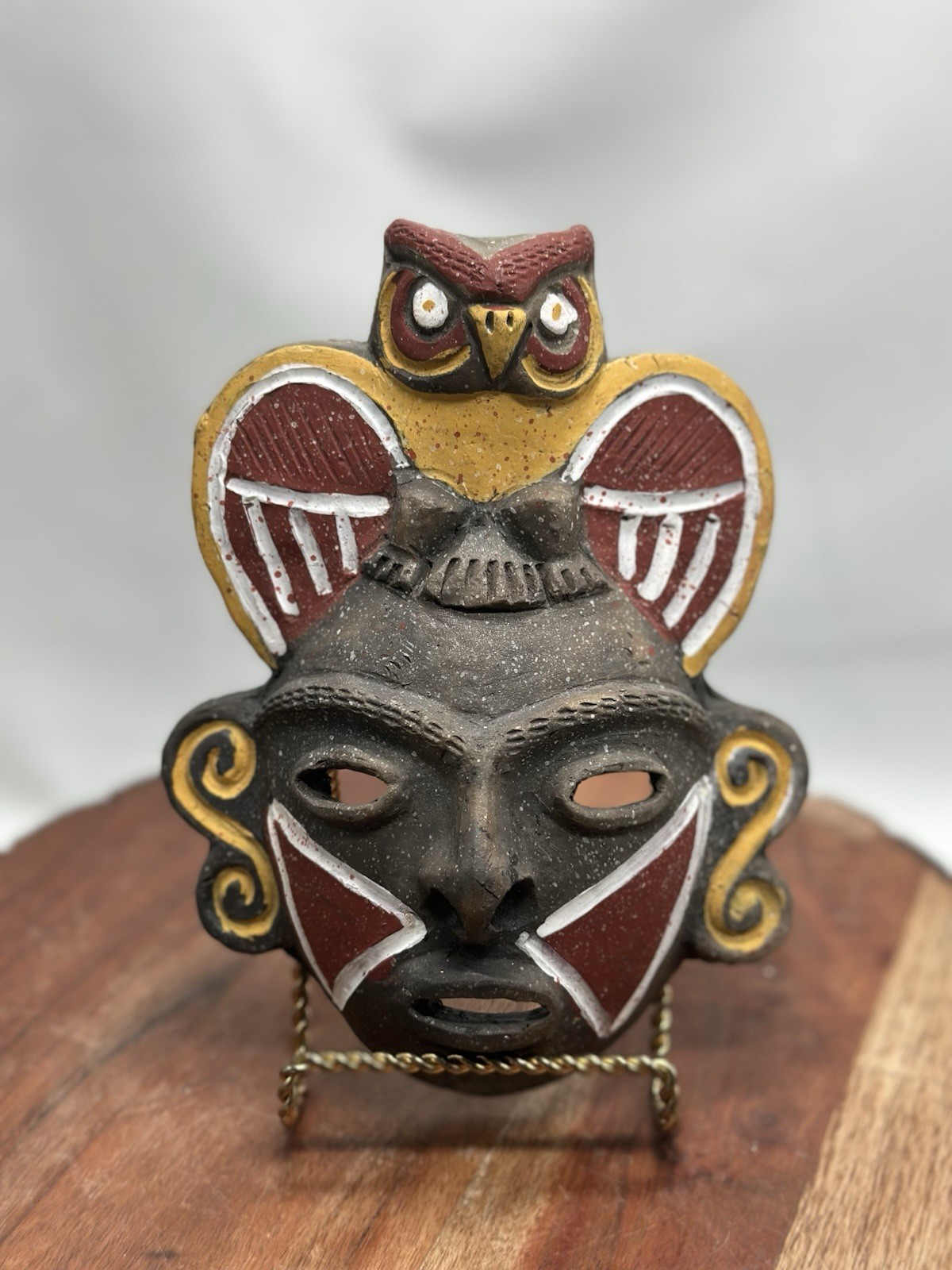 Vintage Stoneware Clay Aztec Folk Art Tribal Mayan Face Mask Wall Hanging