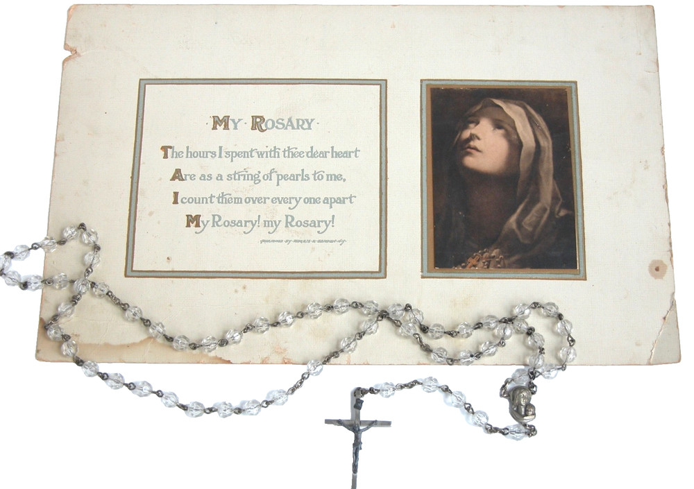 Vtg Rosary clear beads + antique religious art