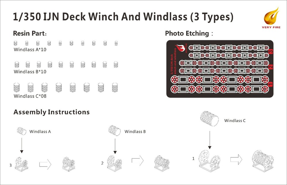1/350 IJN 07 deck winch and windlass 3 types（30 sets）