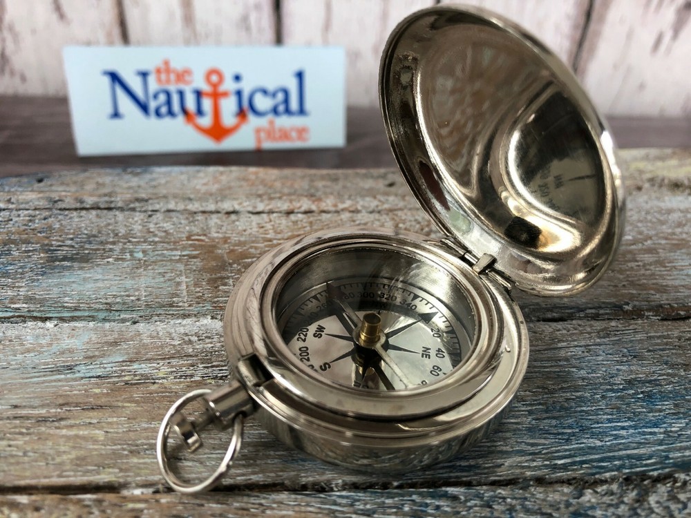 Silver Finish Brass Push Button Compass - Pocket Style - Nautical Navigation