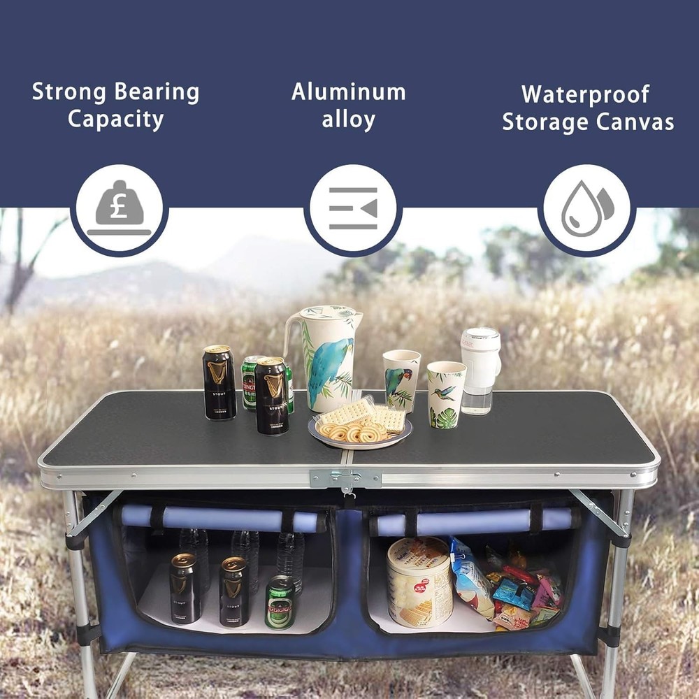 Folding Camping Table W/ Storage Compartment Aluminum Lightweight Camp Kitchen