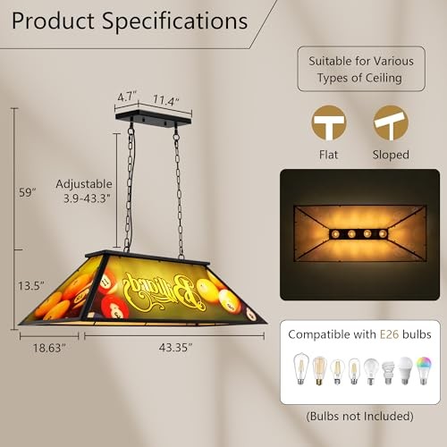 4-Light Billiard Pool Table Light for 7' 8' 9' Tables, Vintage Pool Table
