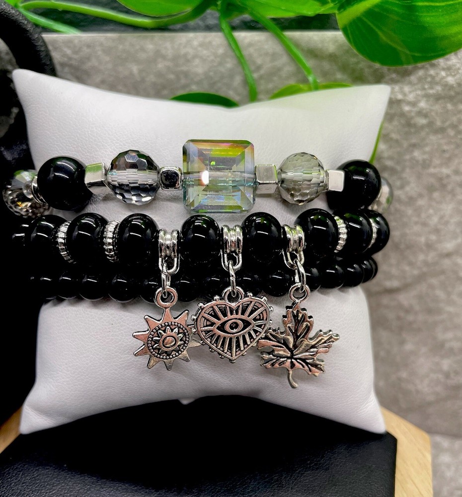 3 PC Handmade Boho  Beaded Stackable 6.5” Plus Stretch Bracelet Set New B1330