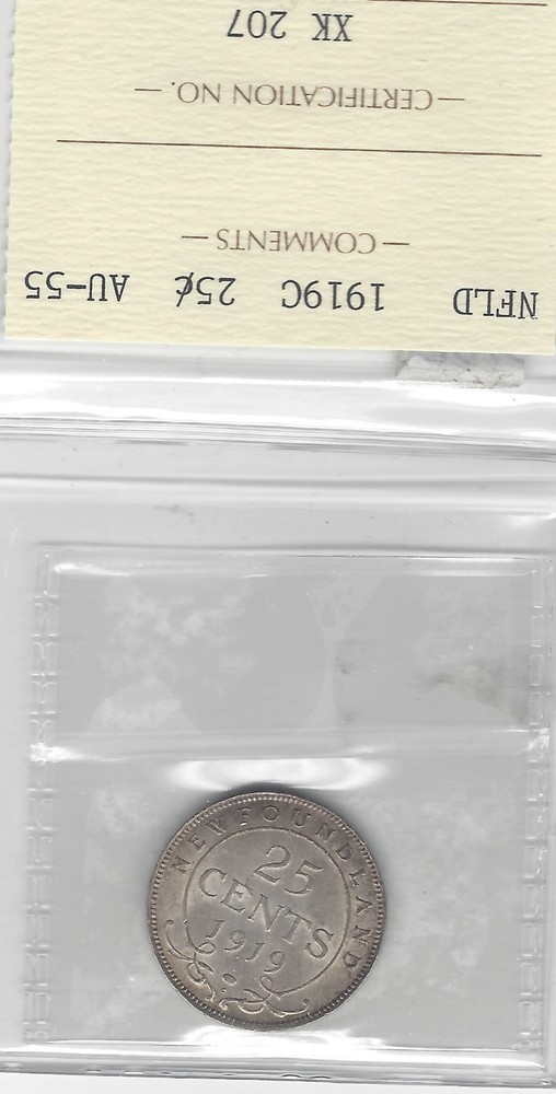 1919c ICCS Graded, Newfoundland Twenty-five Cent, **AU-55**