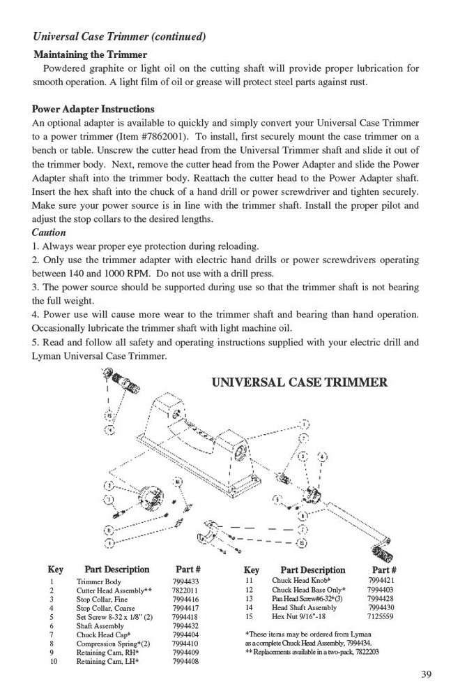 Lyman Universal Case Trimmer with Universal Chuckhead and Nine Pilot Multi Pack