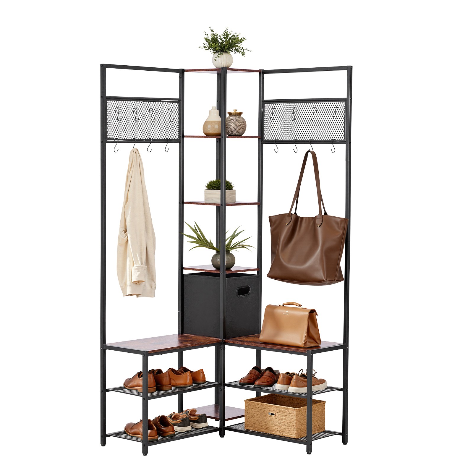 Uimoso Corner Hall Tree with Shoe Bench, 70.9 in Coat Rack with Hooks and Frame