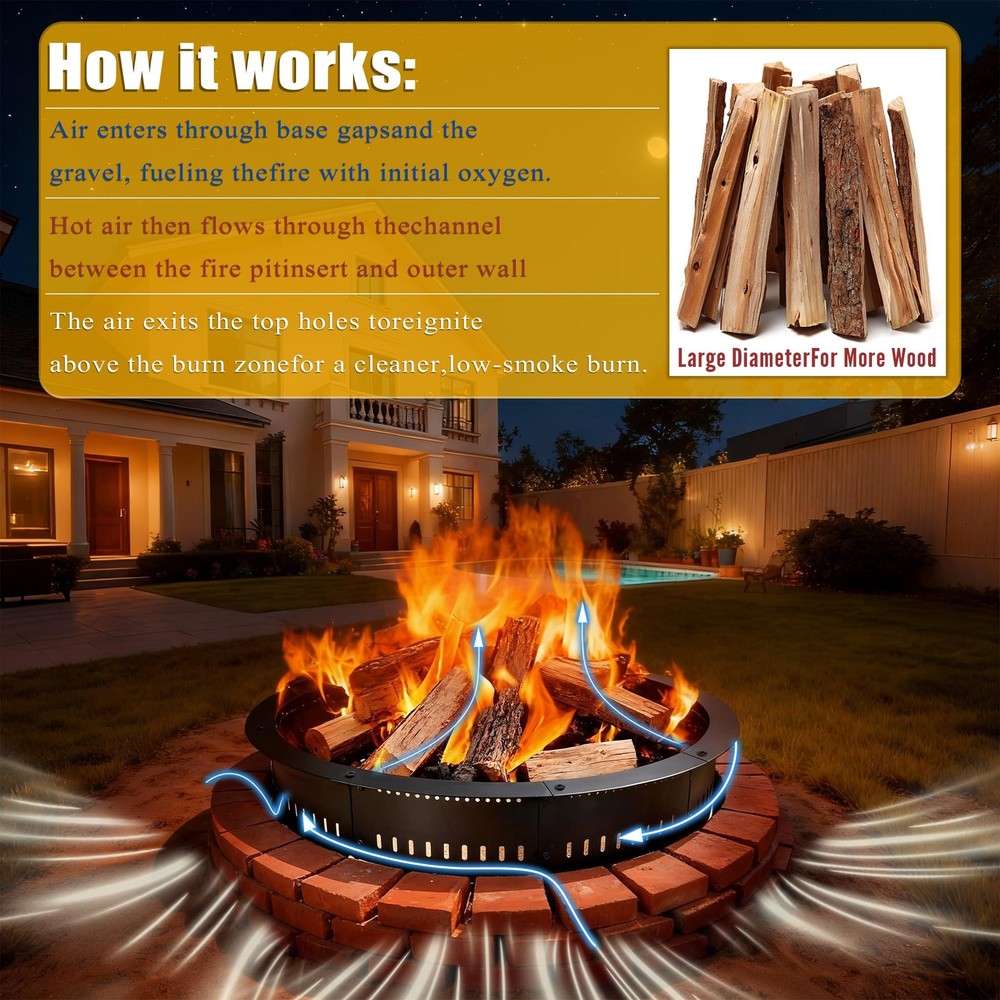 Smokeless Fire Pit Ring Insert - 36 Inch Outdoor Fire Pit Liner with Airflow ...