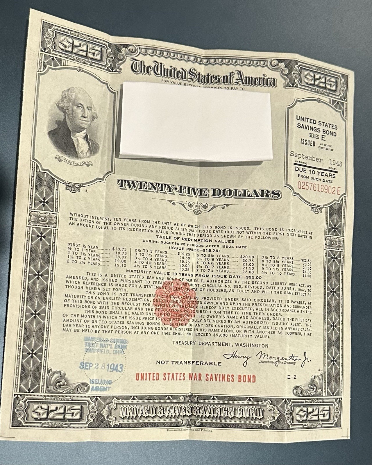 1943 US WW2 WAR Savings BOND Series E $25 Dollar denomination Printed by the BEP