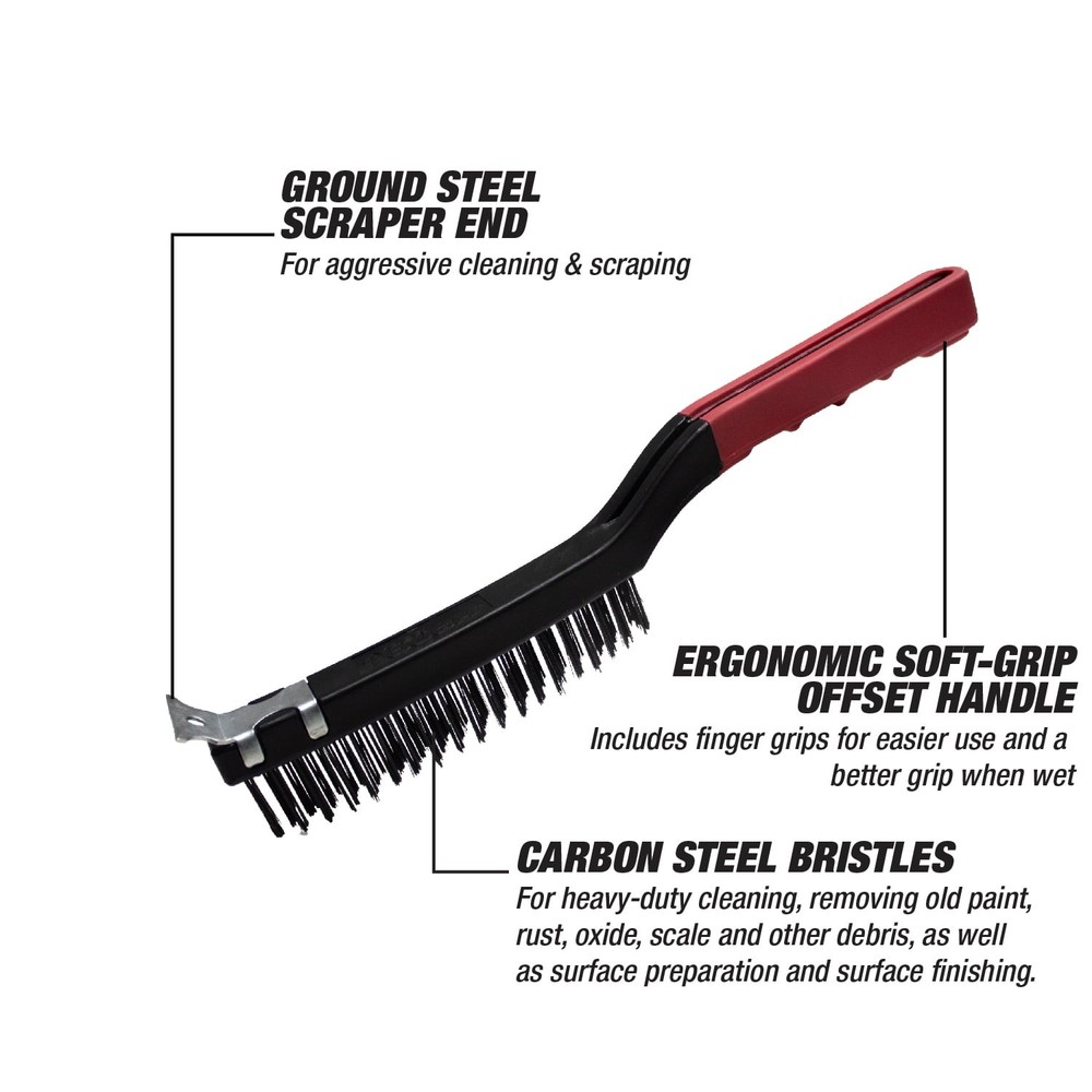 Hyper Tough Carbon Steel Wire Brush with Scraper, 3 x 19 Rows