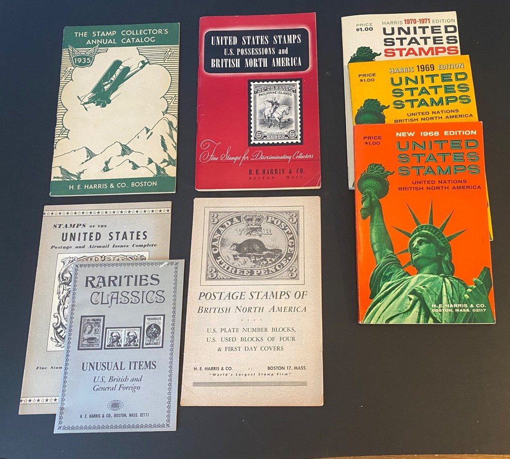 Eight Vintage Harris Stamp Catalogues and Stamp Identifiers: 1935-1969