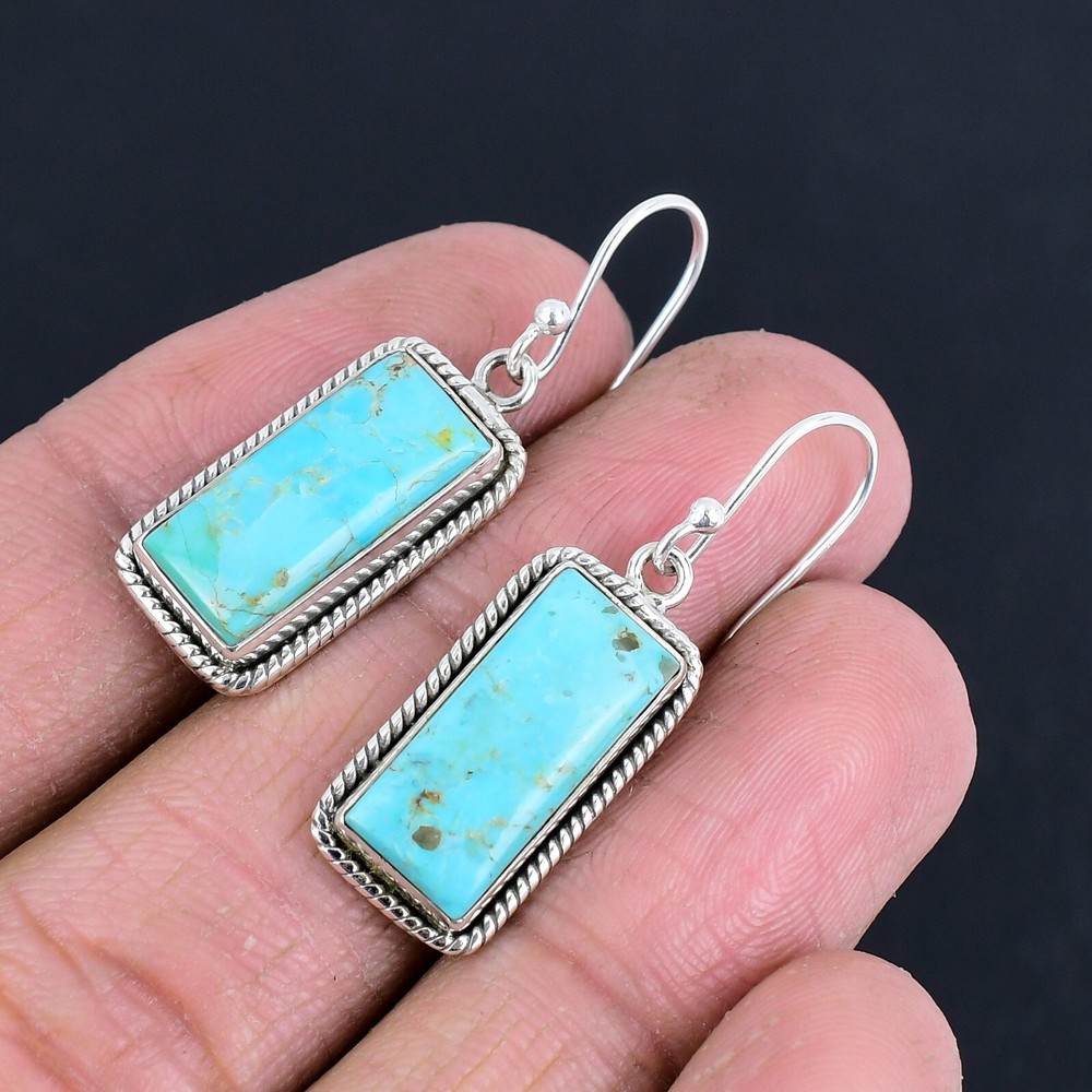 Turquoise Gemstone 925 Sterling Silver Drop Dangle Handmade Earrings For Gift