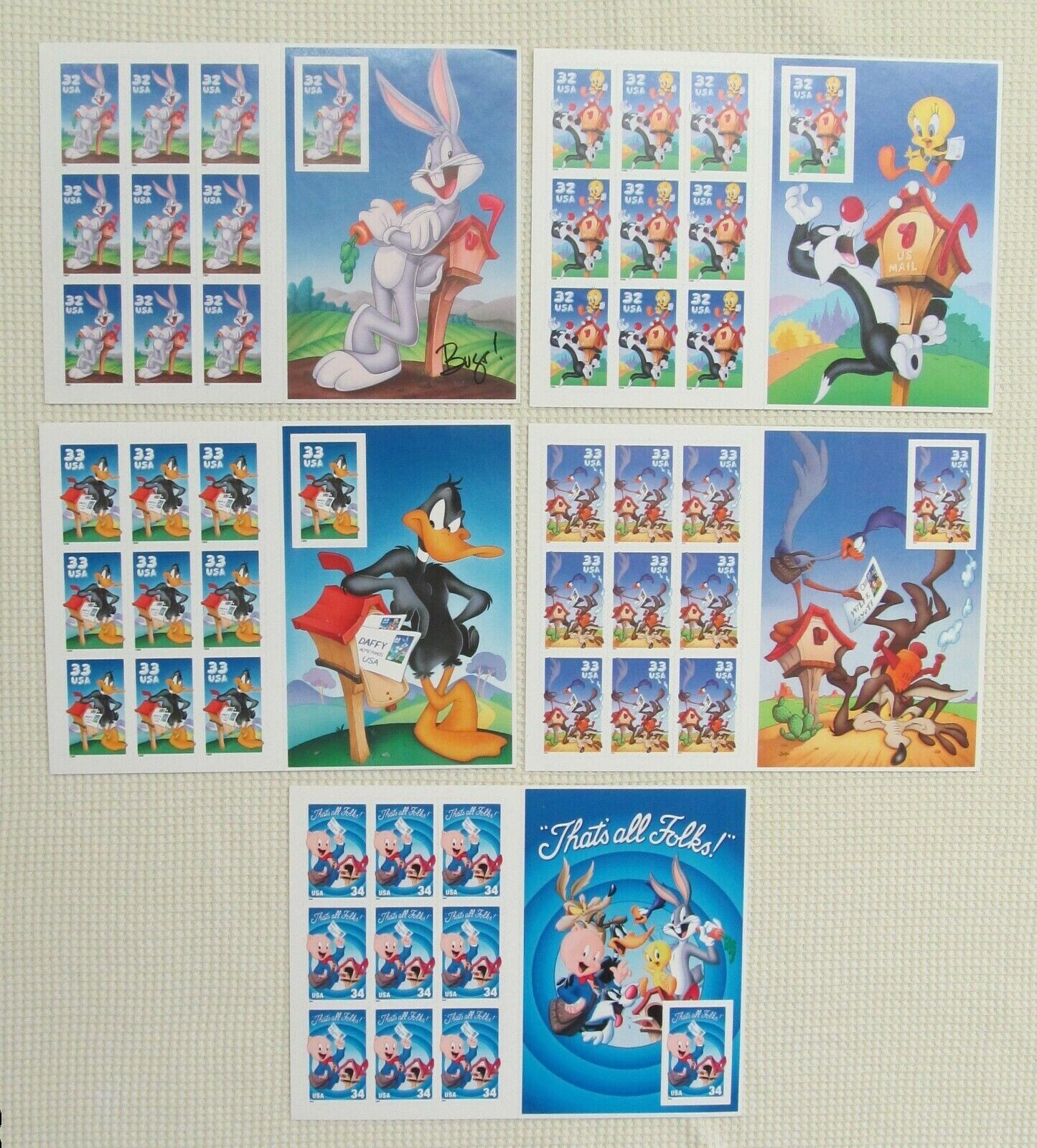 Five Booklets x 10 = 50 of LOONEY TUNES Bugs Bunny Complete Set US Postage Stamp