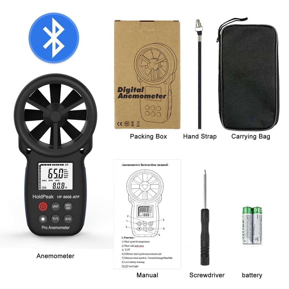 HoldPeak Handheld Anemometer Bluetooth, Digital Wind Speed Gauge Meter, Flow ...