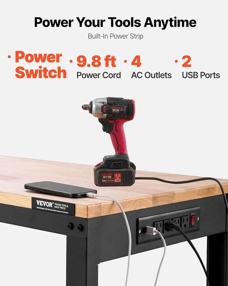 61" Heavy-Duty Adjustable Workbench - 2000 lbs Capacity & Power Outlets