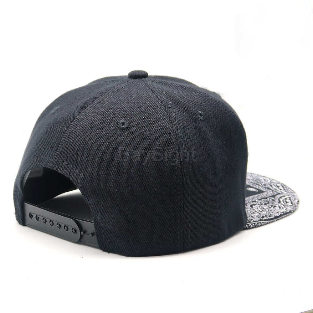 Mens Baseball Cap Snapback Adjustable Bandana Paisley Hat Solid Black Flat Bill