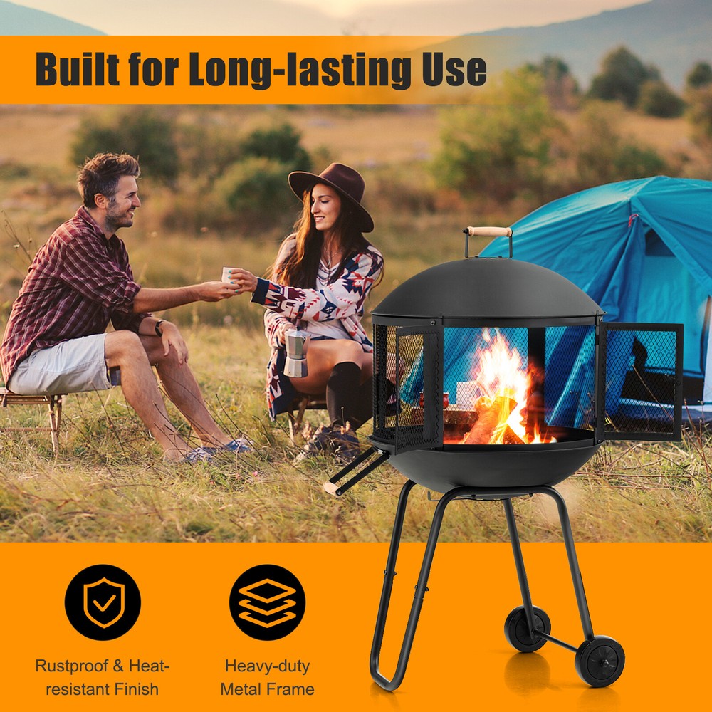 28" Patio Round Fire Pit w/ Wire Mesh & Ventilating Holes & Double Doors Black