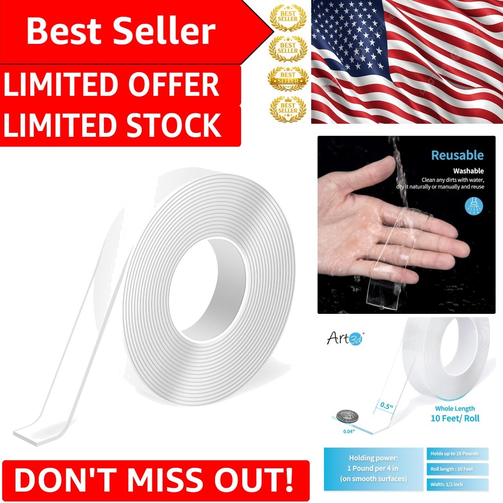 Versatile Double-Sided Tape 10FT - Removable, Eco-Friendly, and Multi-Surface