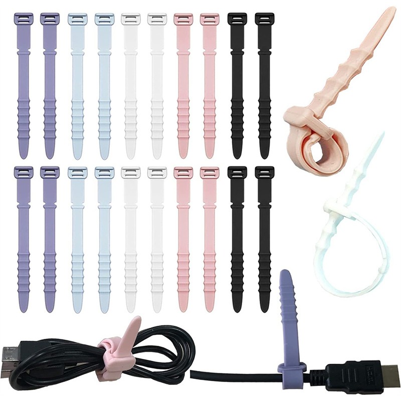 20pcs Straps Reusable Silicone Cable Zip Tie Table Elastic For Wire Management