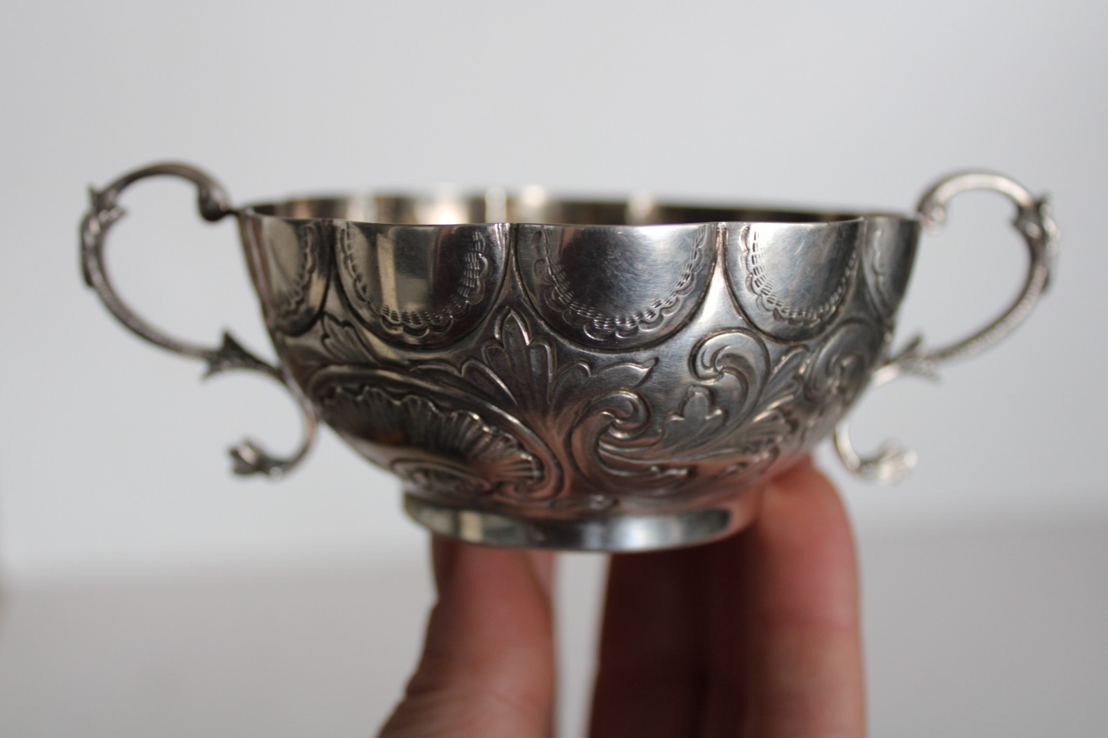 Antique 19th Century Silver Portuguese Bernegal Repousse Handled Religious Cup