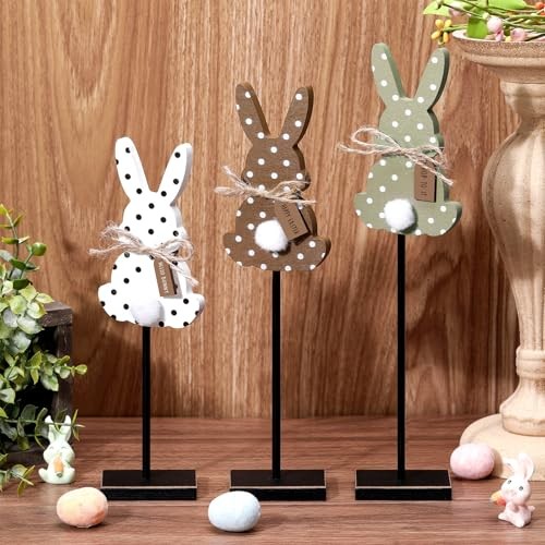 3 Pcs Easter Bunny Table Decorations Wooden Bunny Tabletop Decor Rustic Dot