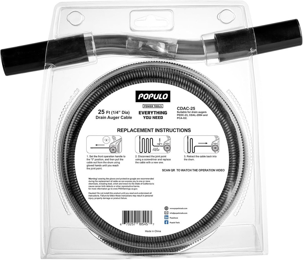 25FT Replaceable Cable, Compatible with Electric Drain Auger