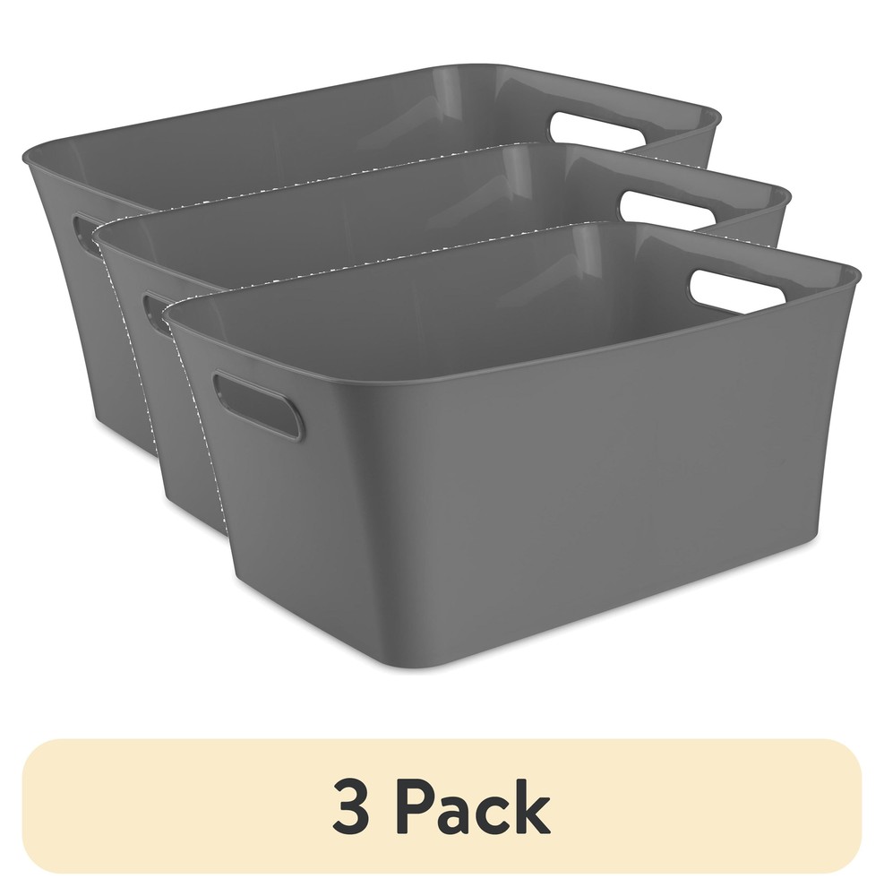 (3 pack)  Large Plastic Storage Bin, Gray