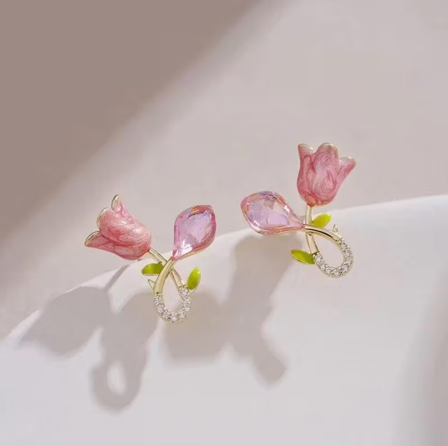 Tulip Flower Rhinestone Earrings For Women Elegant Ear Ornaments Jewelry Gifts