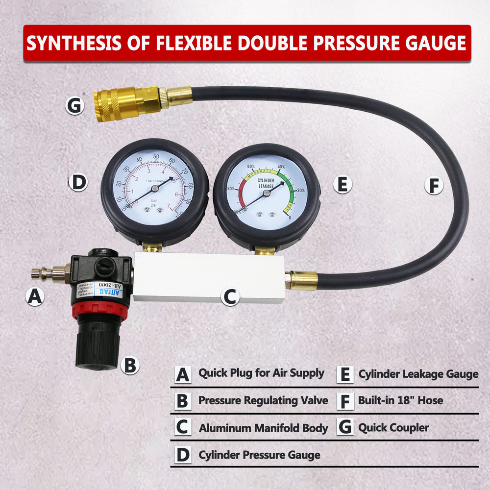 Engine Cylinder Dual Gauge Leakdown Tester kit Diagnostics Tool