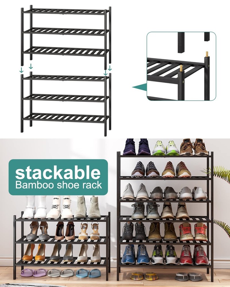 3-Tier Black Bamboo Shoe Rack for Entryway, Stackable | Foldable | Natural, S...