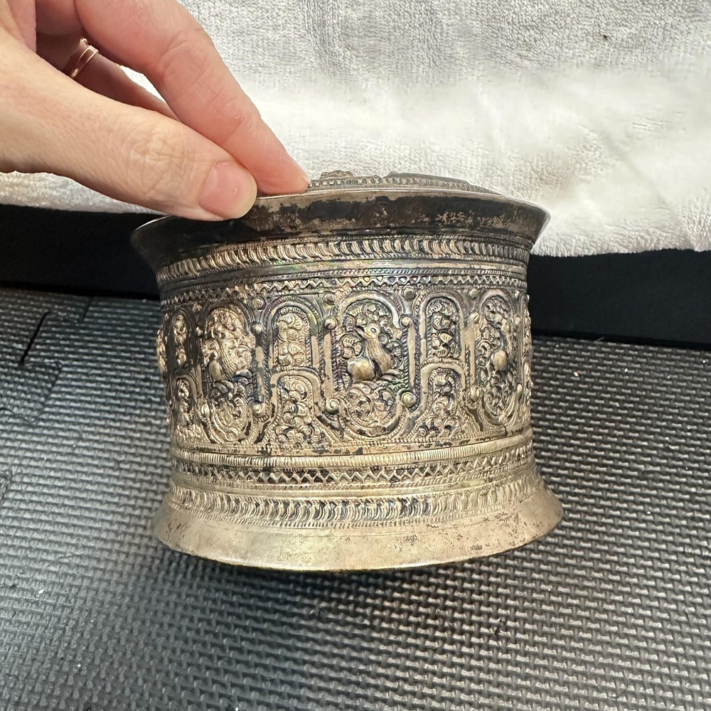 Antique Tin Burmese Betel Ornate Silver Plate Lidded Box Asian Figural 4"