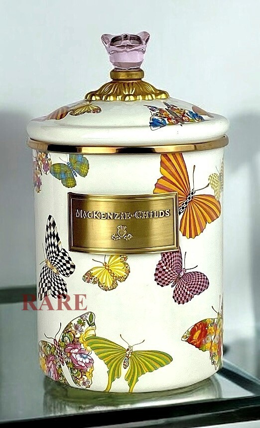 MacKenzie-Childs White Butterfly Garden Enameled Medium 8.5" Canister New No Box